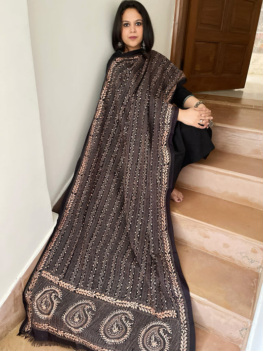 Black Handmade Kantha Dupatta in Silk