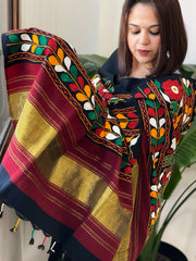 Black Handwoven Woollen Shawl with Thread and Foil Mirror Handwork