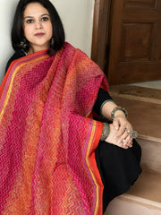 Orange, Pink Handmade Kantha Dupatta in Silk