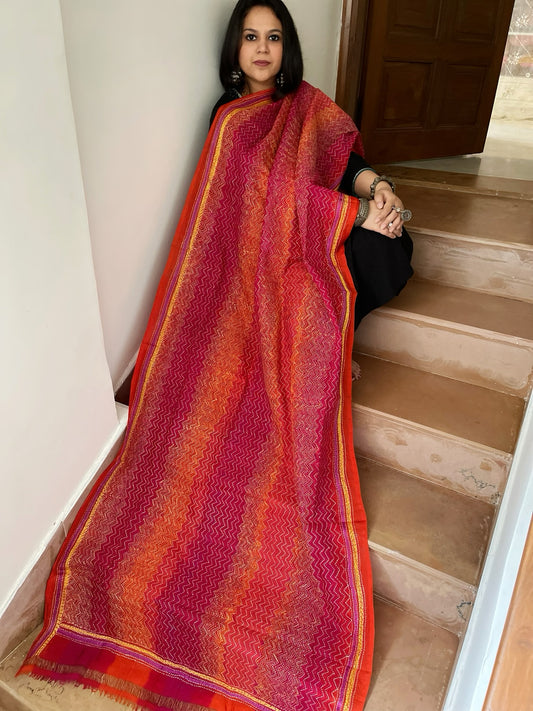 Orange, Pink Handmade Kantha Dupatta in Silk