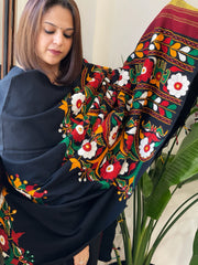 Black Handwoven Woollen Shawl with Thread and Foil Mirror Handwork