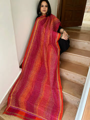 Orange, Pink Handmade Kantha Dupatta in Silk