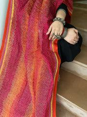 Orange, Pink Handmade Kantha Dupatta in Silk