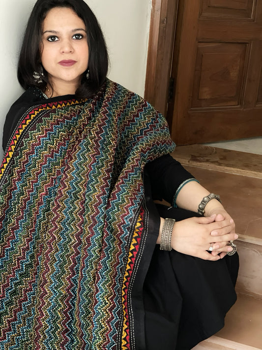 Black Handmade Kantha Dupatta in Silk