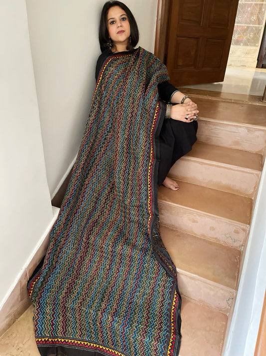 Black Handmade Kantha Dupatta in Silk