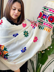 Cream Handwoven Woollen Shawl with Thread and Foil Mirror Handwork