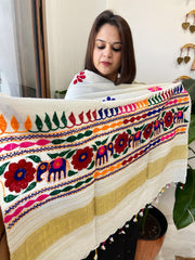 Cream Handwoven Woollen Shawl with Thread and Foil Mirror Handwork