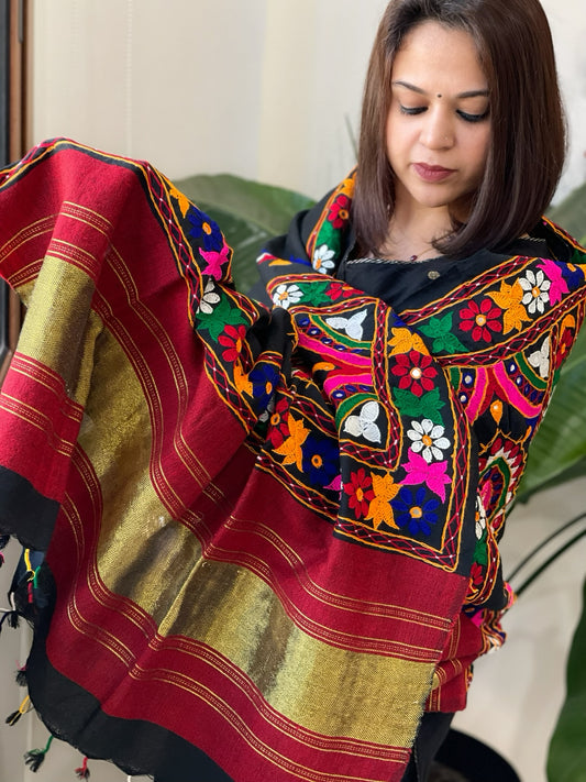 Black Handwoven Woollen Shawl with Thread and Foil Mirror Handwork