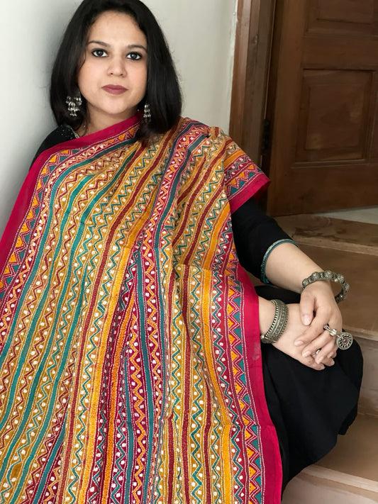 Yellow, Pink Handmade Kantha Dupatta in Silk