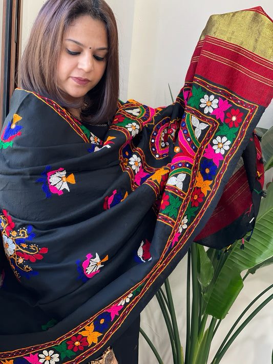 Black Handwoven Woollen Shawl with Thread and Foil Mirror Handwork