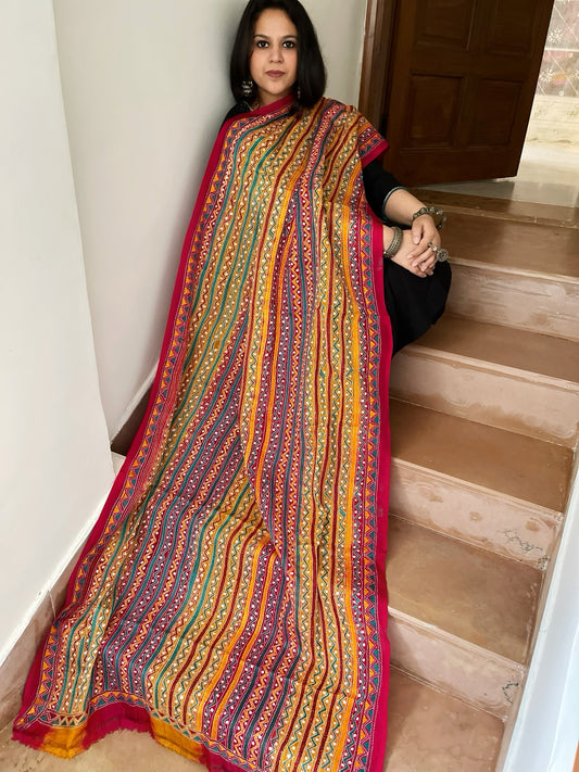 Yellow, Pink Handmade Kantha Dupatta in Silk