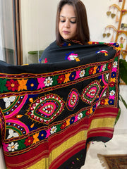 Black Handwoven Woollen Shawl with Thread and Foil Mirror Handwork