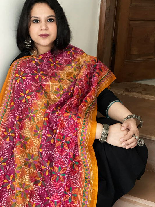 Pink, Yellow Handmade Kantha Dupatta in Silk