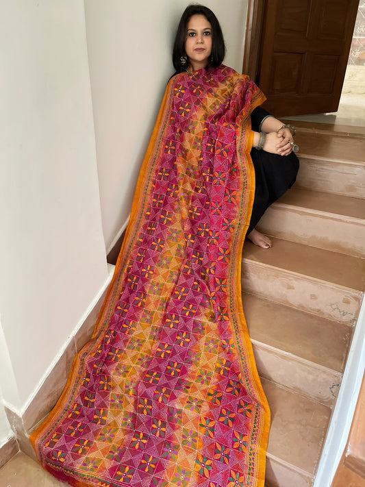 Pink, Yellow Handmade Kantha Dupatta in Silk