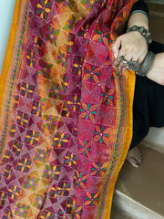 Pink, Yellow Handmade Kantha Dupatta in Silk