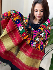 Black Handwoven Woollen Shawl with Thread and Foil Mirror Handwork