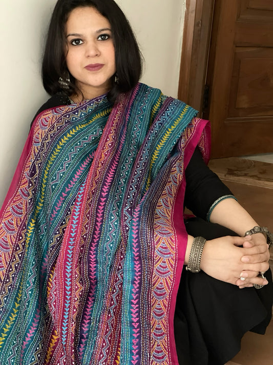 Pink, Blue Handmade Kantha Dupatta in Silk
