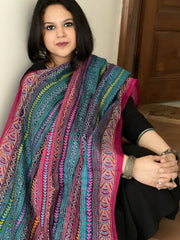 Pink, Blue Handmade Kantha Dupatta in Silk