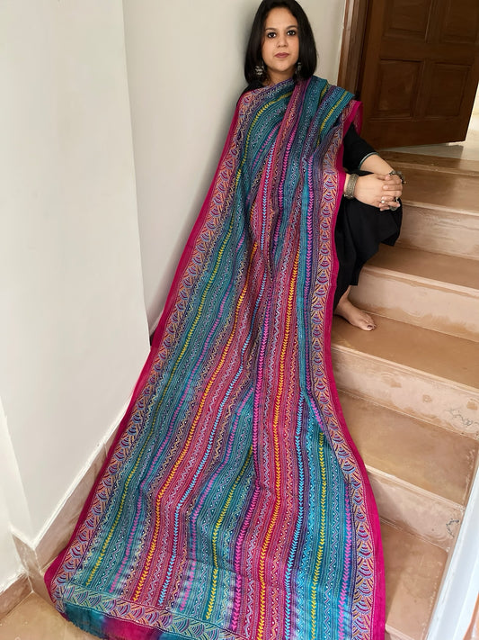 Pink, Blue Handmade Kantha Dupatta in Silk