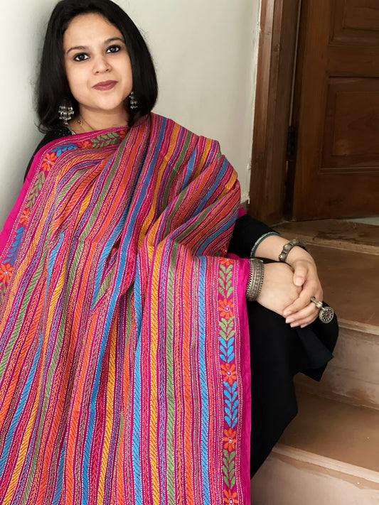 Pink Handmade Kantha Dupatta in Silk