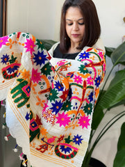 Cream Handwoven Woollen Shawl with Thread and Foil Mirror Handwork