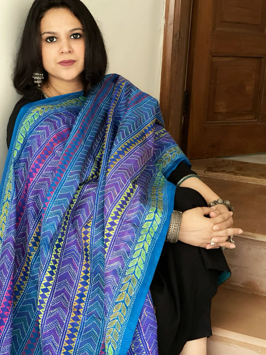 Blue Handmade Kantha Dupatta in Silk