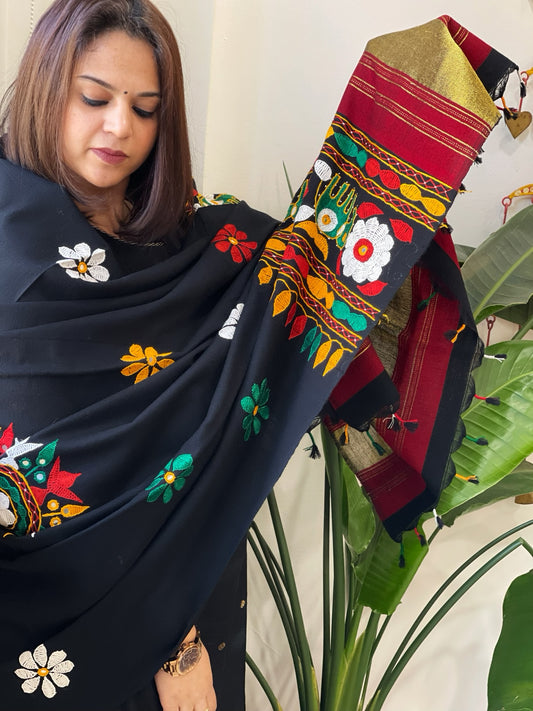 Black Handwoven Woollen Shawl with Thread and Foil Mirror Handwork