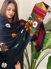 Black Handwoven Woollen Shawl with Thread and Foil Mirror Handwork