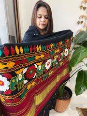 Black Handwoven Woollen Shawl with Thread and Foil Mirror Handwork