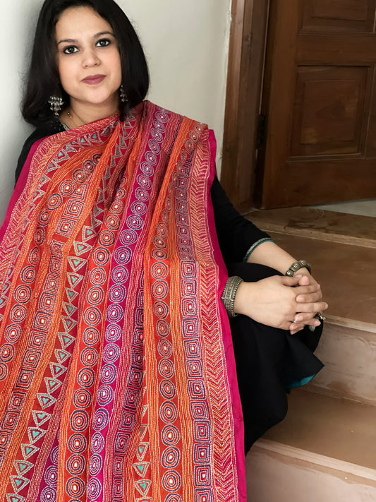 Orange, Pink Handmade Kantha Dupatta in Silk