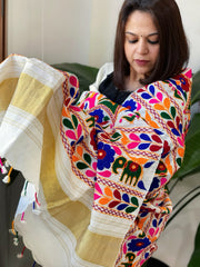 Cream Handwoven Woollen Shawl with Thread and Foil Mirror Handwork