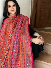 Orange, Pink Handmade Kantha Dupatta in Silk