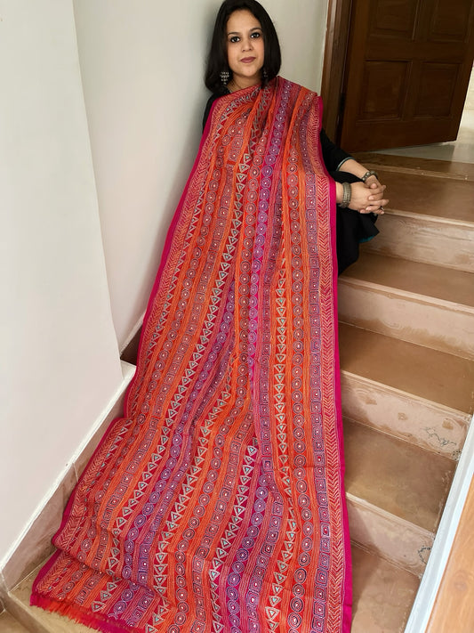 Orange, Pink Handmade Kantha Dupatta in Silk