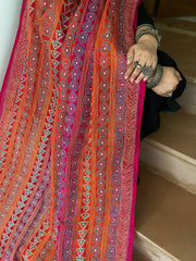 Orange, Pink Handmade Kantha Dupatta in Silk