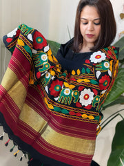 Black Handwoven Woollen Shawl with Thread and Foil Mirror Handwork