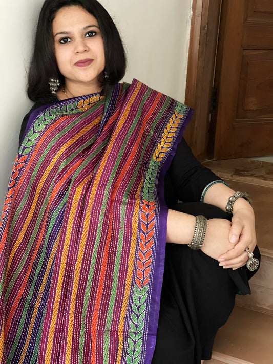 Purple, Pink Handmade Kantha Dupatta in Silk