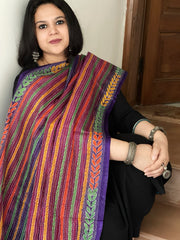 Purple, Pink Handmade Kantha Dupatta in Silk