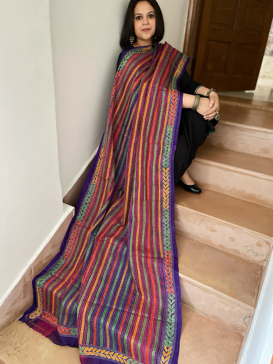 Purple, Pink Handmade Kantha Dupatta in Silk