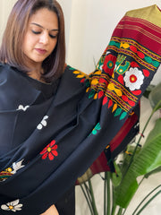 Black Handwoven Woollen Shawl with Thread and Foil Mirror Handwork