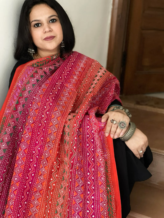 Pink, Orange Handmade Kantha Dupatta in Silk