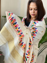 Cream Handwoven Woollen Shawl with Thread and Foil Mirror Handwork