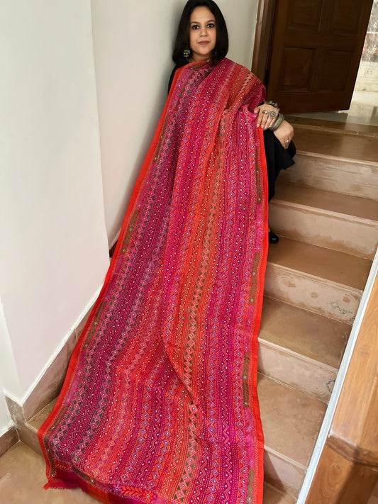 Pink, Orange Handmade Kantha Dupatta in Silk