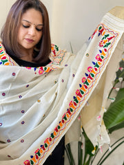 Cream Handwoven Woollen Shawl with Thread and Foil Mirror Handwork