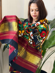 Black Handwoven Woollen Shawl with Thread and Foil Mirror Handwork