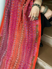 Pink, Orange Handmade Kantha Dupatta in Silk