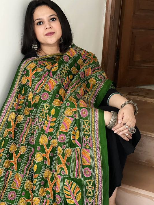Green Handmade Kantha Dupatta in Silk