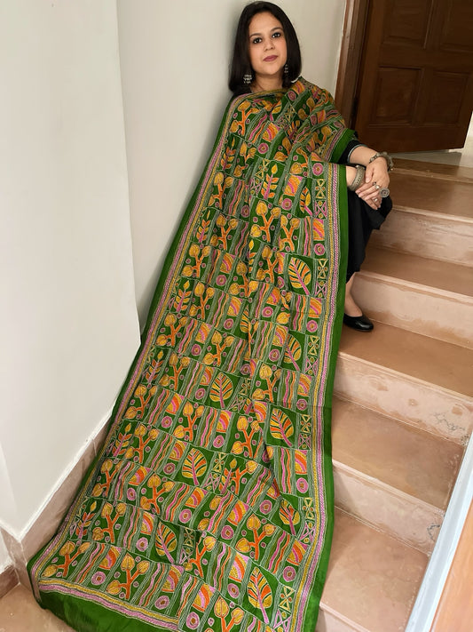 Green Handmade Kantha Dupatta in Silk