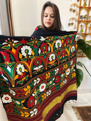 Black Handwoven Woollen Shawl with Thread and Foil Mirror Handwork