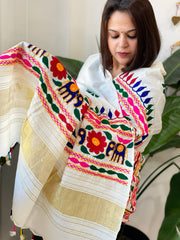 Cream Handwoven Woollen Shawl with Thread and Foil Mirror Handwork