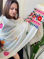 Cream Handwoven Woollen Shawl with Thread and Foil Mirror Handwork